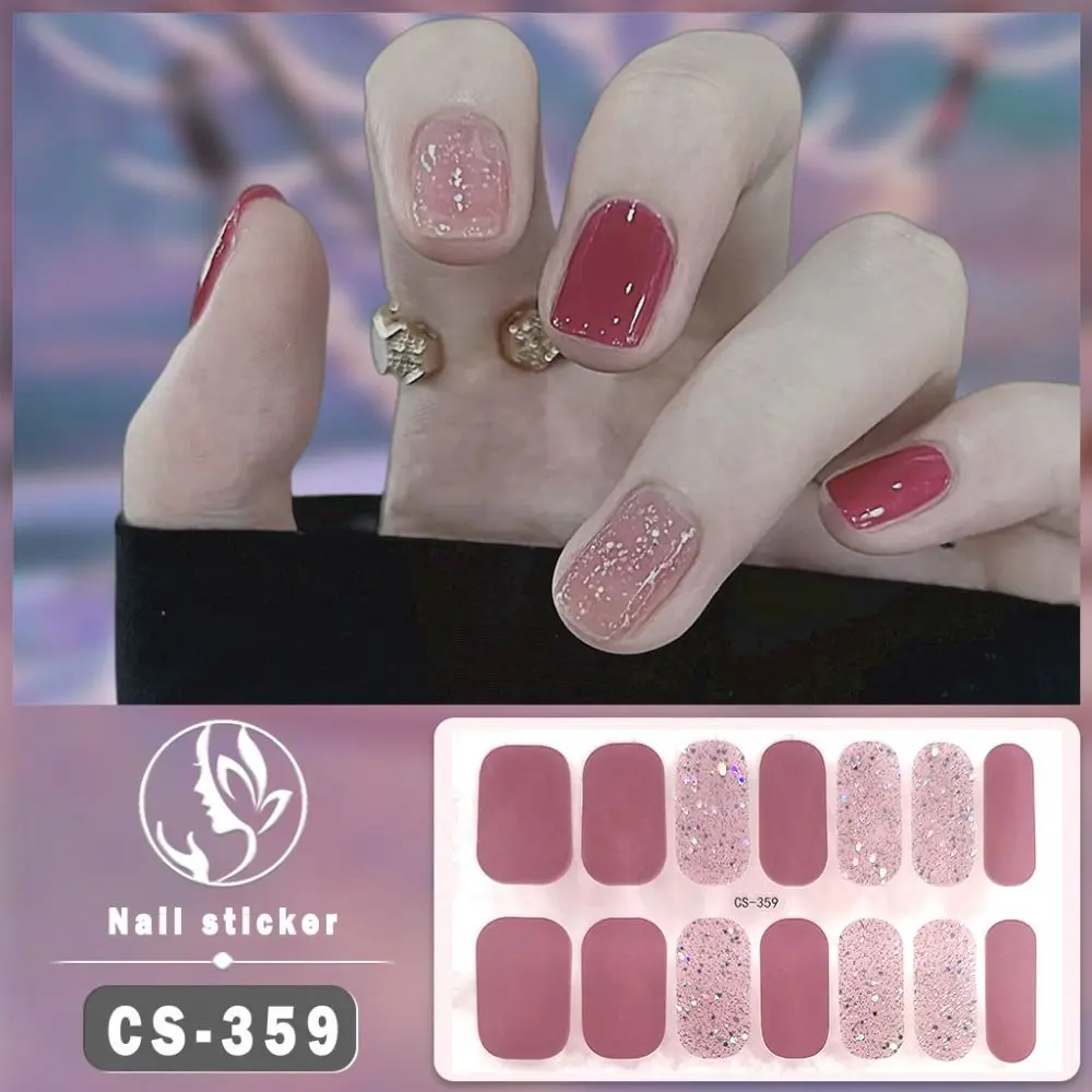 14Tips Foil Gel Nail Stickers Self-Adhesive Glittering Gel Full Nail Wraps Semi Cured Simple French Manicure Decal