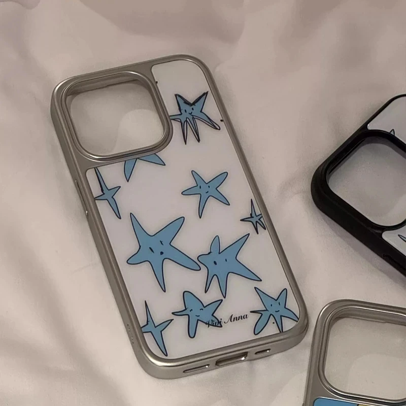 Ins Niche Creative Blue Star Puppy Couple Glossy Surface Phone Case For iPhone 17AIR 16 15 14 13 12 11 Pro MAX XR Plus Y2K Cover