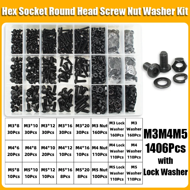 2510-teiliges Rundkopfschrauben-Set M2 M2.5 M3 M4 M5 M6 10.9 Güteklasse Schwarz Innensechskant-Knopfkopfschrauben mit Allen-Antrieb, Schrauben, Muttern und Unterlegscheiben – Detail 8