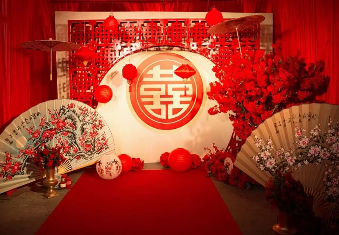 Chinese Wedding Photography Style Wedding Decoration Backgrounds Red Stage Curtain Backdrop for Girls Wedding Party Photo Props