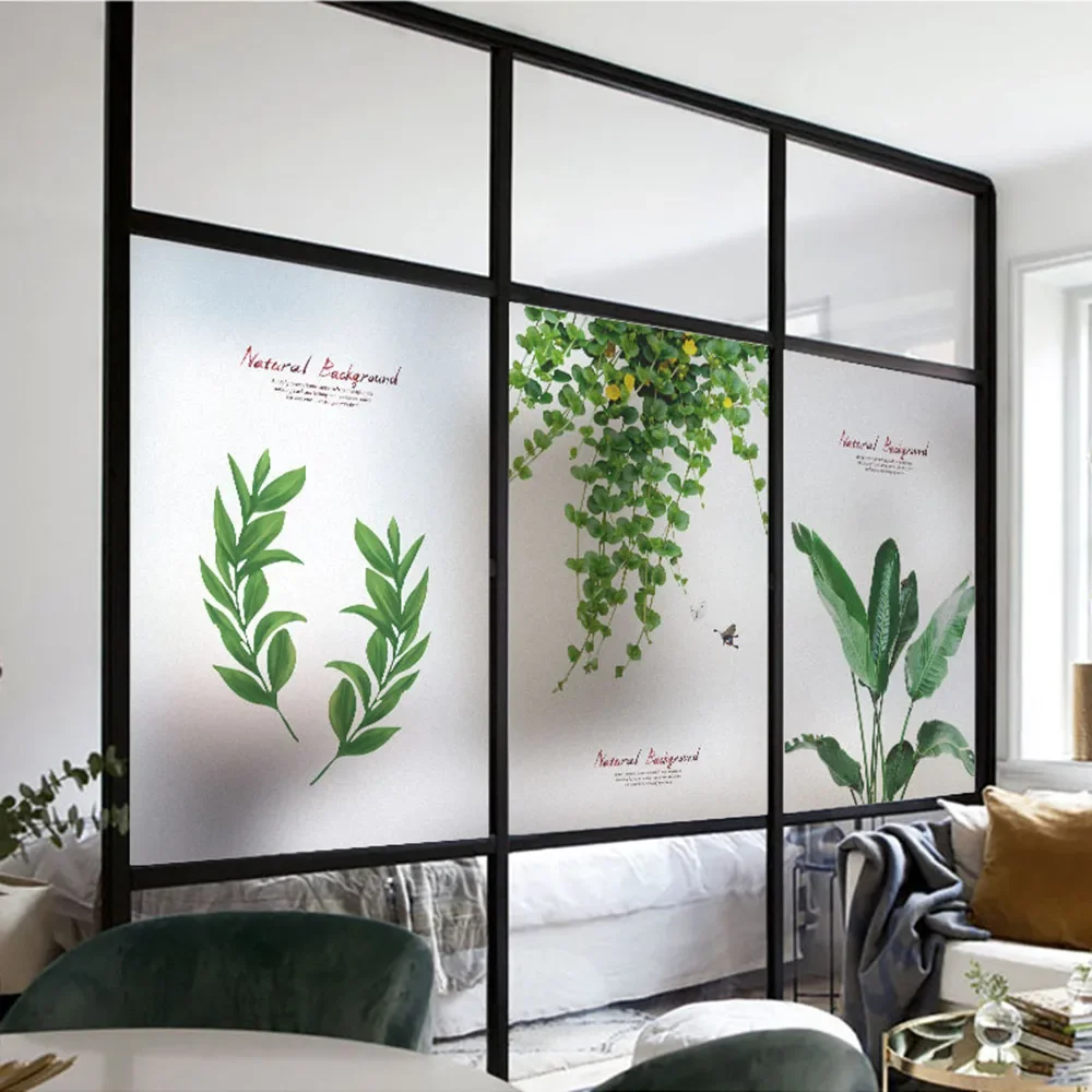Green Leaves Privacy Windows Film Decorative No Glue Static Cling Stained Glass Window Stickers