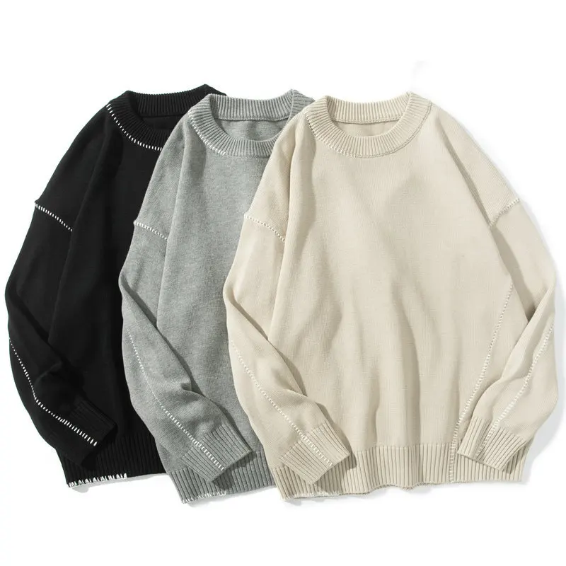 남성용 트렌디 캐주얼 가을 겨울 크루넥 니트 스웨터 긴팔 자켓 앞면 로고 루즈핏 올매치