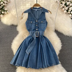 Sexy Women Denim Dresses Lapel Buttons Sleeveless With Belt Short Dress Summer Female Pleated A-Line Vestidos