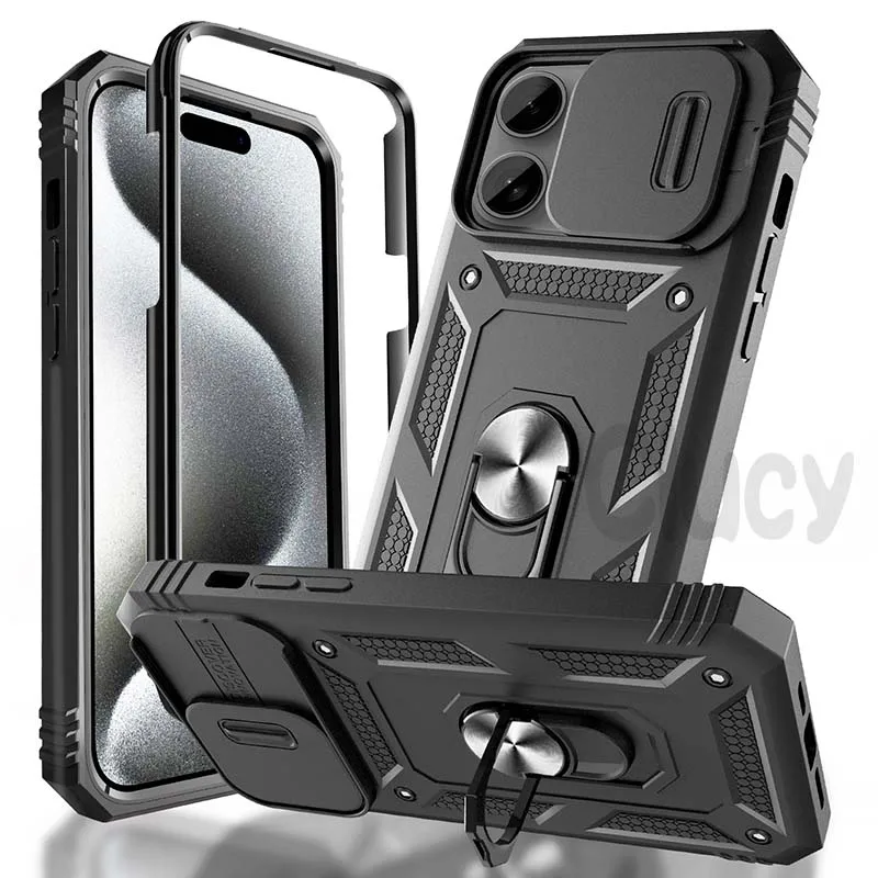 Slide Camera Case For iPhone 15 Pro Max 14 13 Pro 12 11 XS Max X 8 7 Plus Heavy Duty Build in 360 Degree Rotate Kickstand Covers