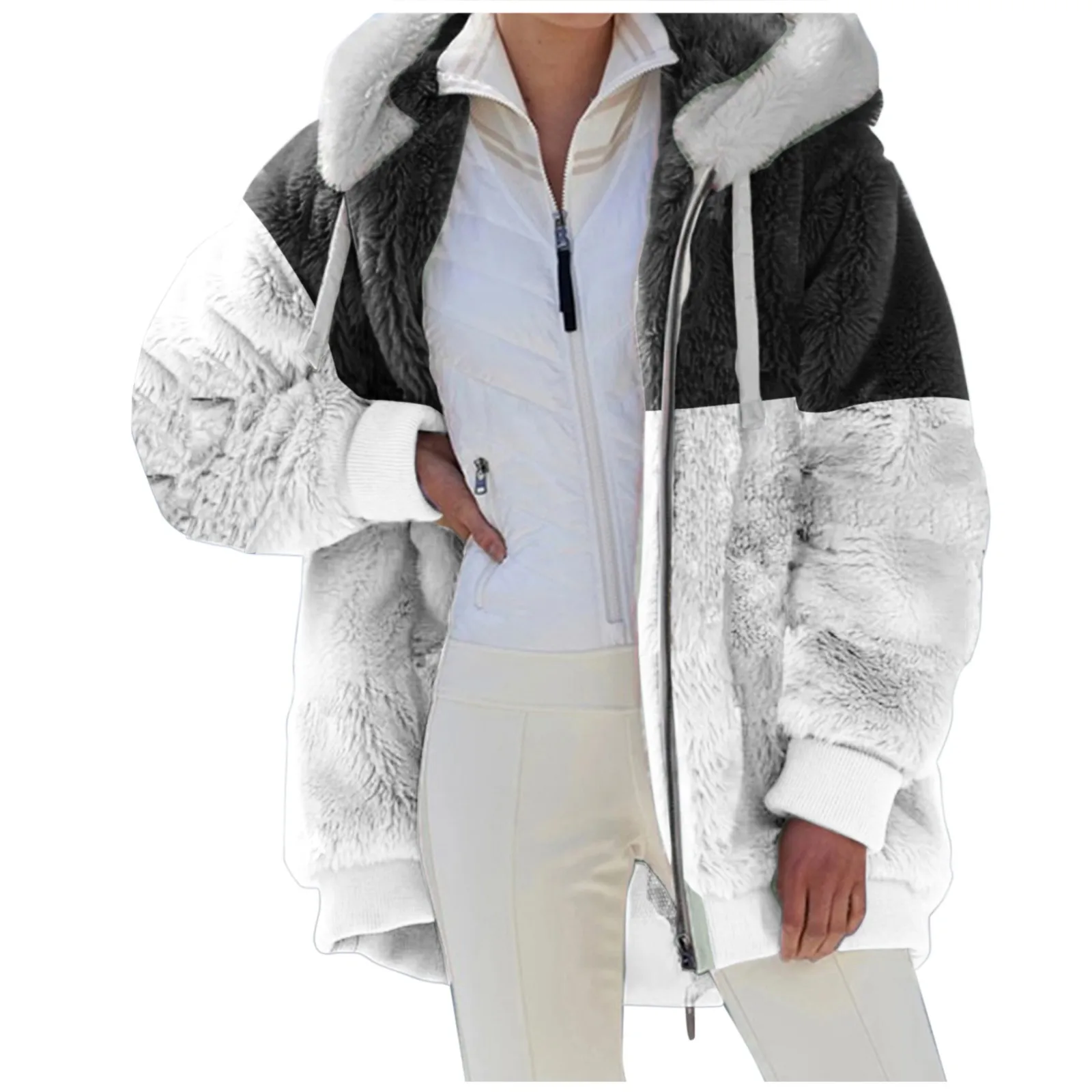 Women Winter Coat Warm Patchwork Zipper Pocket Striped Hooded Faux Fur Long Sleeves Cardigan Furry Warm Fleece Jacket Outerwear