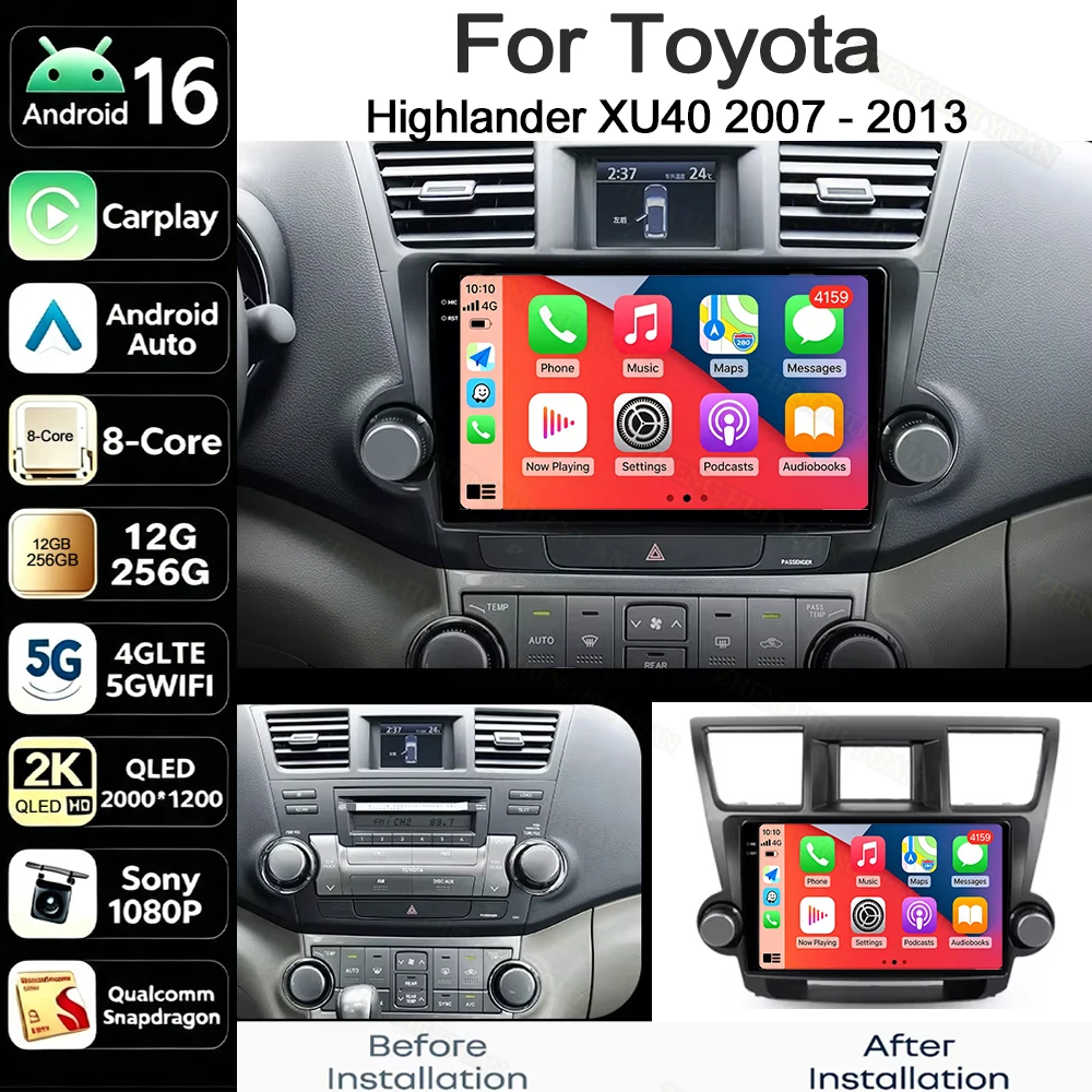 For Toyota Highlander XU40 2007 2009 2010 2011 2013 Multimedia Player 2 D Android 16 Car Radio Wireless Carplay Android Auto Car
