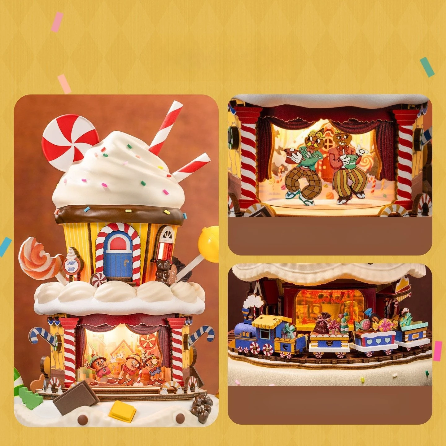 Cake Party Music Box Building Blocks DIY Assembly Rotating Model Desktop Collectible Ornament Festival Gift Decor Craft Toy