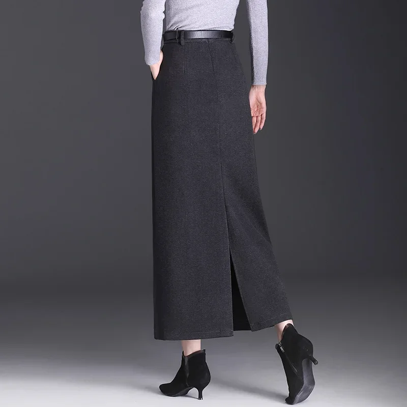 SUCH AS SU Women Fall Winter Woolen Black Gray A-Line Skirt High Waist Ladies S M L XL XXL 3XL Mid Long Pockets Skirts Female