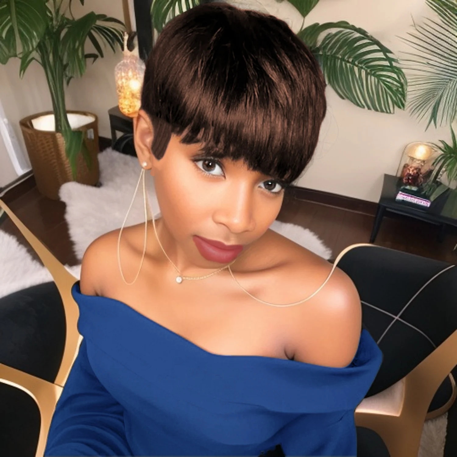 짧은 픽시 스트레이트 인모 가발 앞머리 포함 풀 머신 메이드 가발