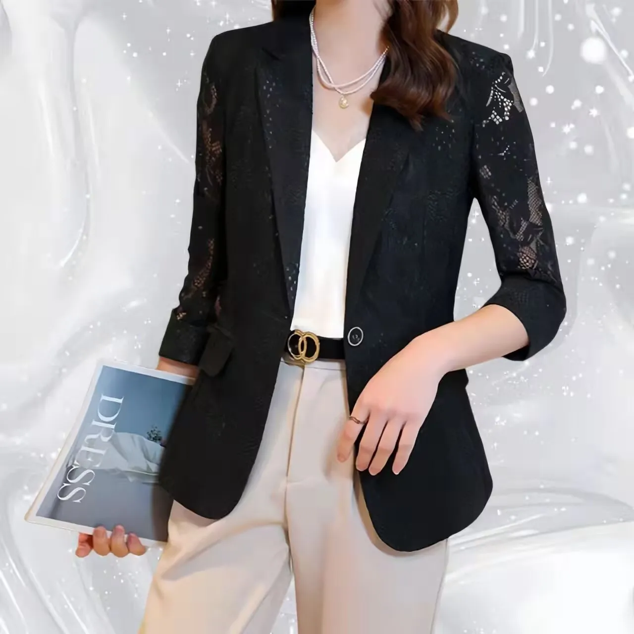 

Женский тонкий пиджак-блейзер с кружевными вставками и вырезами, корейская версия, весна-лето 2026, модный осенний дизайн, укороченный крой
