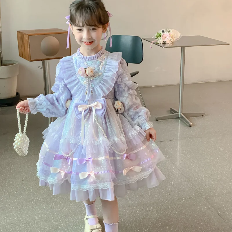 Girls' Dresses New Children's Spring and Autumn Clothing Princess Dress Baby Western Style Purple High-End Skirt Performa