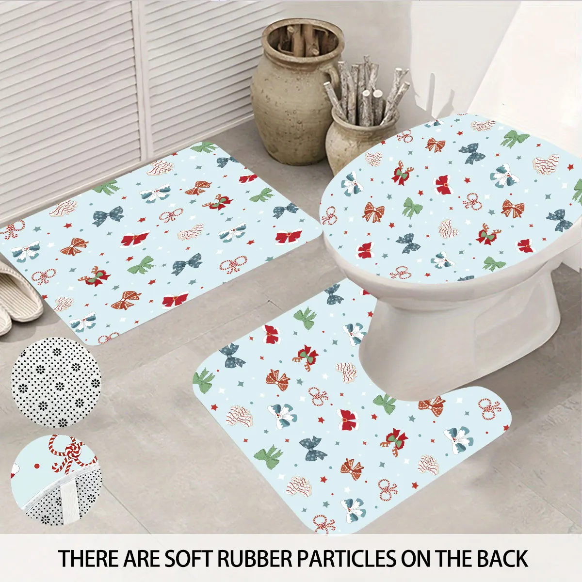 

4 шт., набор для ванной комнаты с рождественским бантом и принтом 180x180, водонепроницаемая занавеска для душа, напольный коврик, коврик для унитаза, U-образный коврик