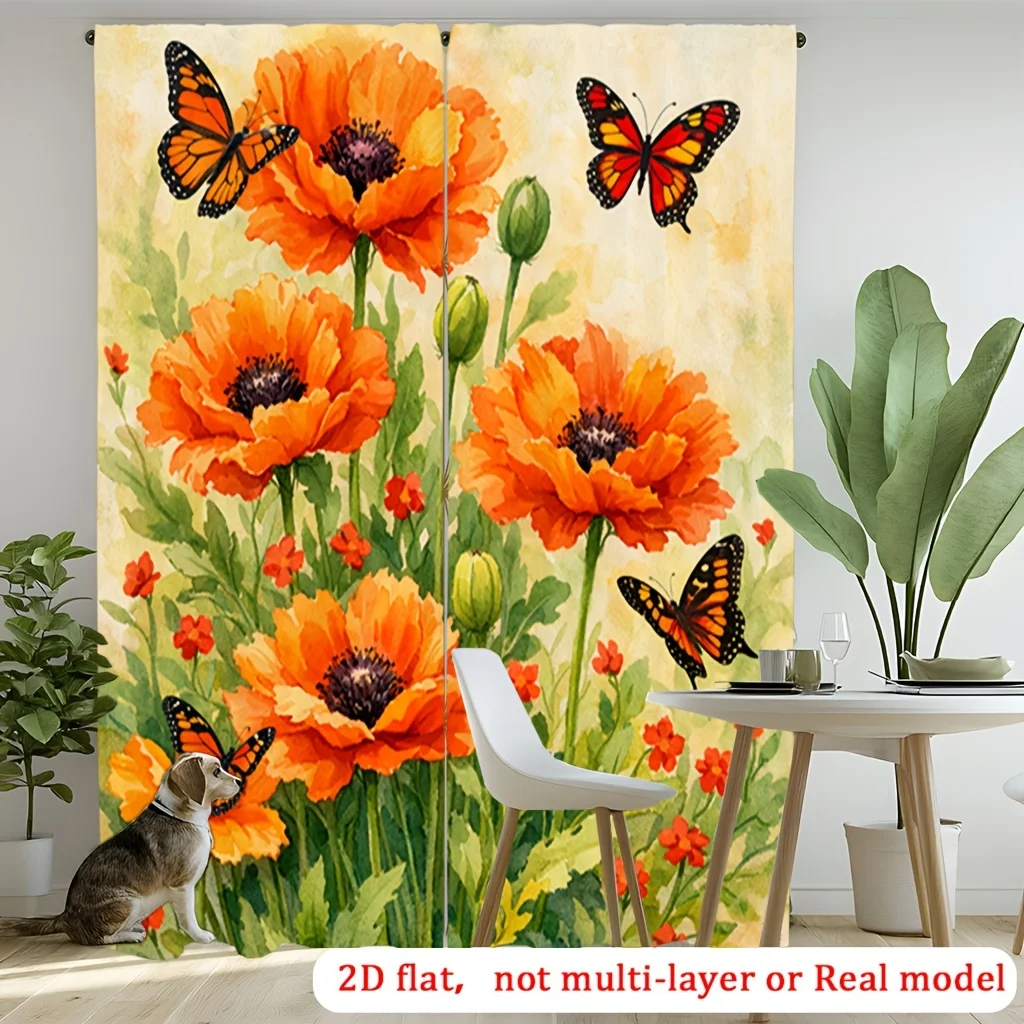 2pcs Poppy and Butterfly Print Curtains Soft Light Filtering Privacy Protection Rod Pocket Installation Suitable for Living Room