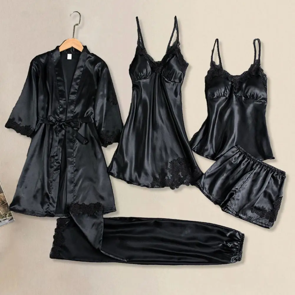 Silk Pajama Set Elegant Satin Lace Pajama Set with Lace-up Waist Patchwork Detail 5 Piece Women's Sleepwear Set for Comfort