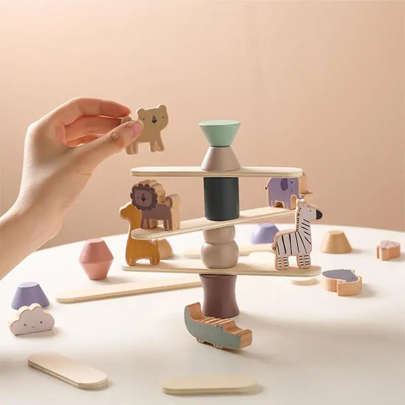 Wooden Animal Stacking Blocks Cute Zoo Animals Stacking Blocks Balance Game Fine Motor Skills Puzzle Montessori Balancing Toys