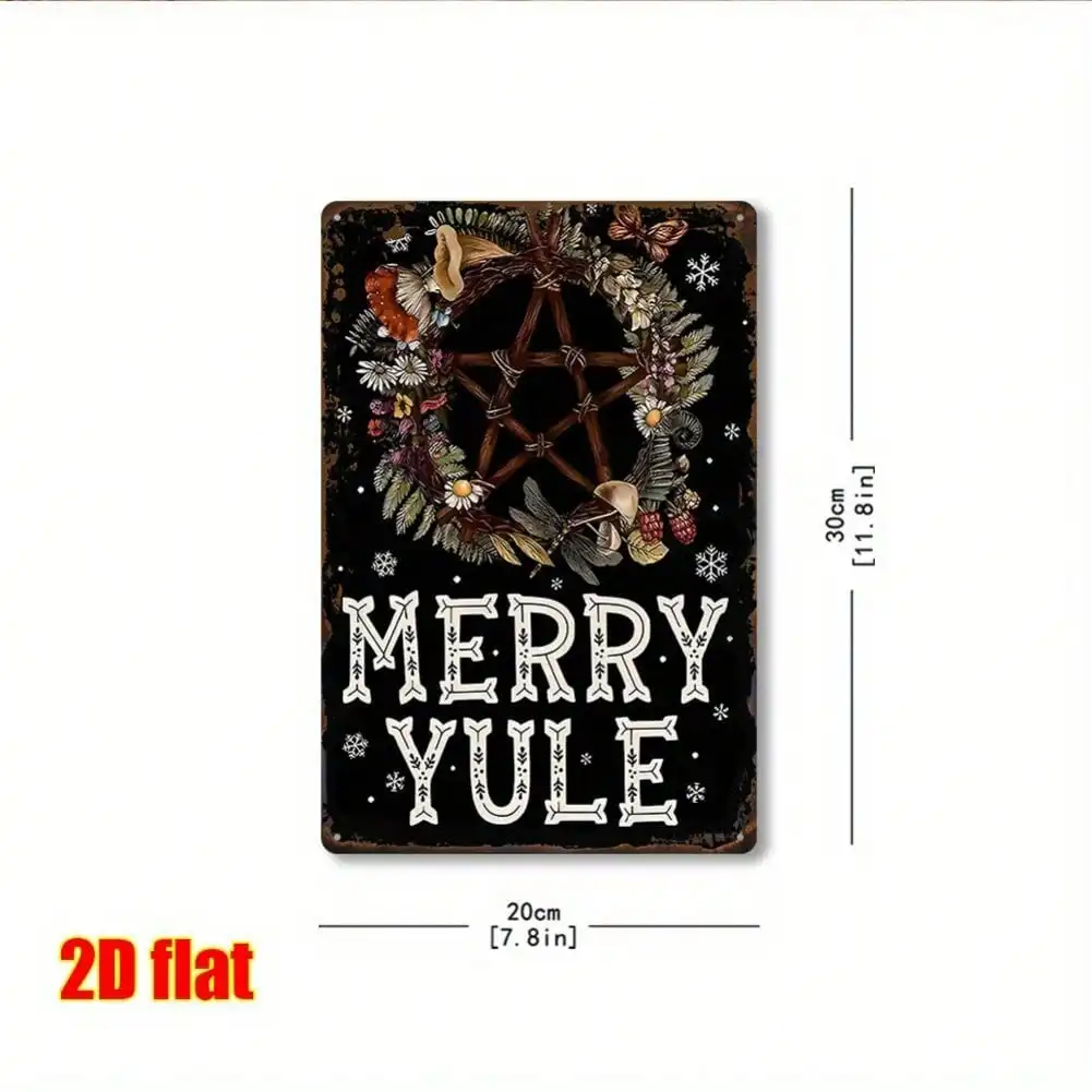 Tin Sign - Merry Yule Pentagram Floral Wreath Witchcraft Vintage Durable Metal Plaque Wall Decor, Home Witch Cottage Bedroom Wal