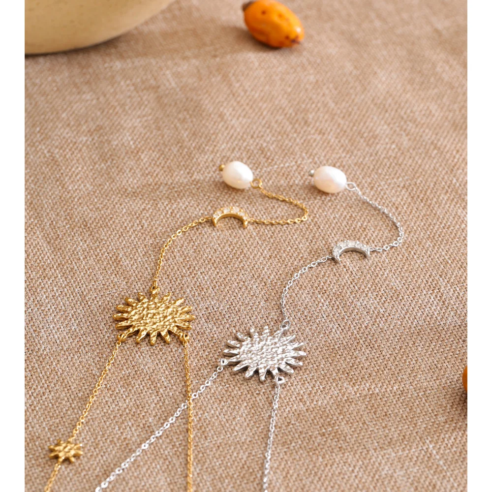 Yhpup Stainless Steel Sun Moon Natural Pearl Chain Drop Necklace 16K Gold Platinum Color PVD Plated Fashion Popular Jewelry