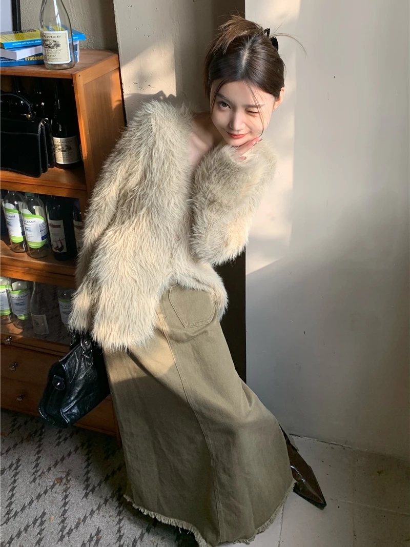 CHEERART Mohair Khaki Fuzzy Cardigan Women V Neck Button Up Flare Sleeve Fluffy Designer Long Cardigan Korean Fashion Knitwear