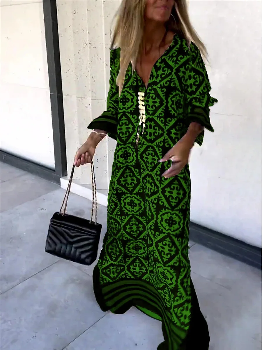 Women Geometry Print Dress Summer Spring 2024 Fashion Long Sleeve Robe Split Sexy Long Midi Evening Dress Street Female Vestidos