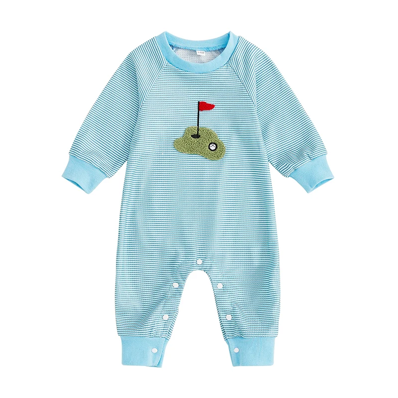 

Baby Boy Striped Romper Golf Embroidery Crew Neck Long Sleeve Full Length Sweatshirt Jumpsuit