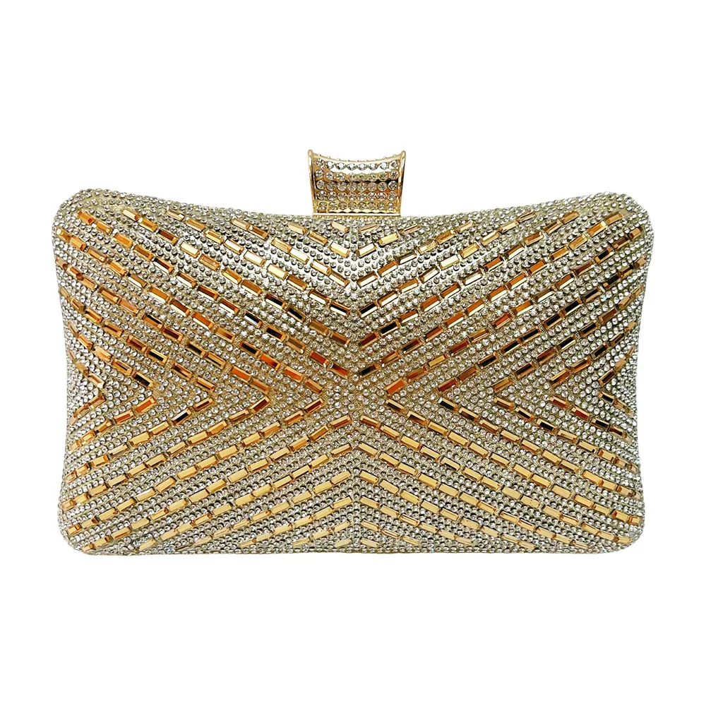 Gold Silver Geometric Rhinestone Rectangle Clutch Bag Strip Crystal Beaded Evening Handbag Luxury Formal Wedding Purse Middle