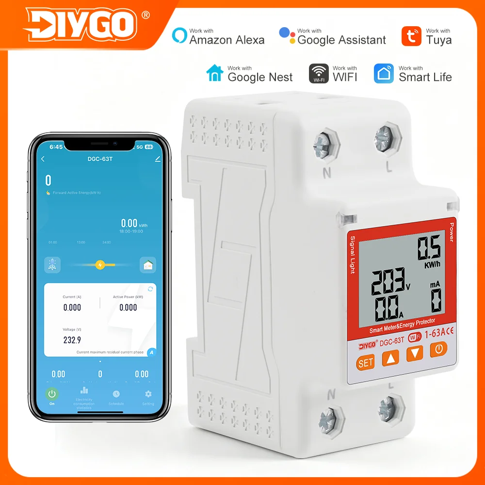 DIYGO Tuya WiFi Smart Circuit Breaker 63A Energy Meter with Voltage Current Leakage Protection Timer Relay Switch Remote Cotrol