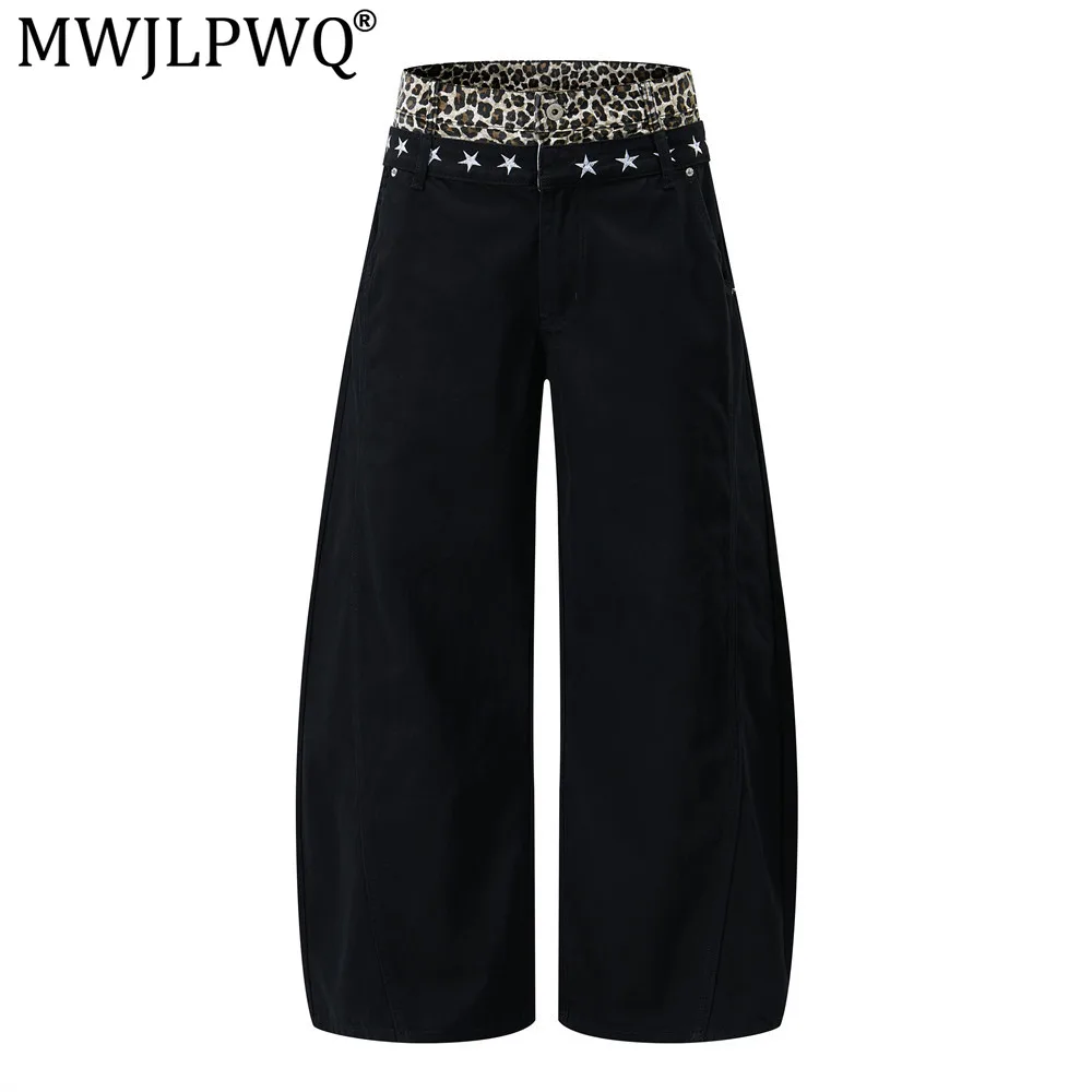 MWJLPWQ Leopard Print Patchwork Double-Waistband Wide-Leg Curved Pants For Men Star Embroidery Design Unique Trousers Tide 20780