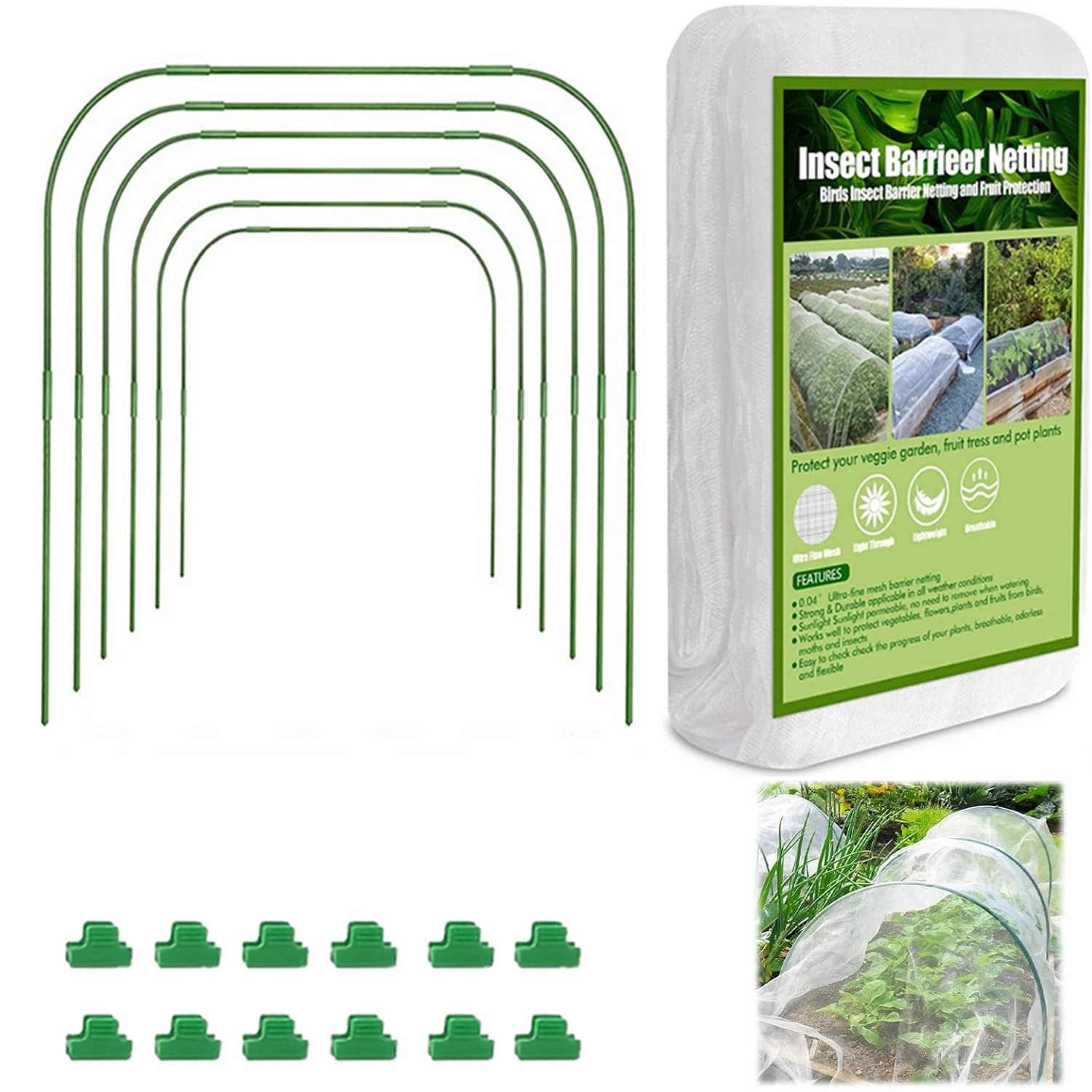 Garden net kit, plant net cover, with 6 garden hoops and 18 clips, row cover net for vegetable fruits, flowers, shrubs.