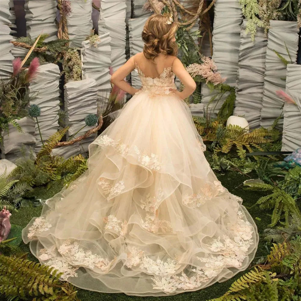 Blumenmädchen-Hochzeitskleid mit Applikationen, gestuft, ärmellos, Prinzessin, Geburtstagsparty-Kleid, Erstkommunion-Ballkleid für Kinder, individuell gestaltet