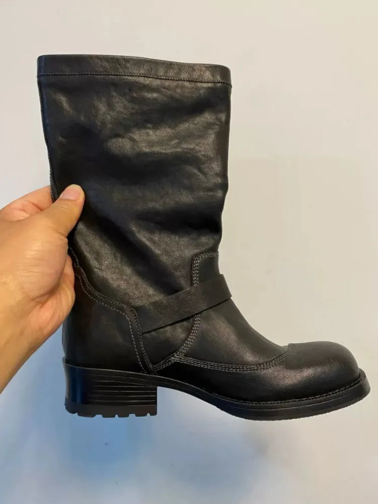 Vintage Genuine Leather Knight Boots Women Solid Color Cowhide Handmade High Top Motorcycle Shoes Round Toe Slip On Cowboy Boots