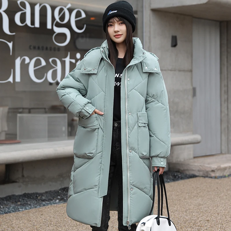 Jaqueta grossa de algodão acolchoada feminina, casaco com capuz, puffer solto casual, parkas longas, sobretudo feminino, plus size, outono, inverno