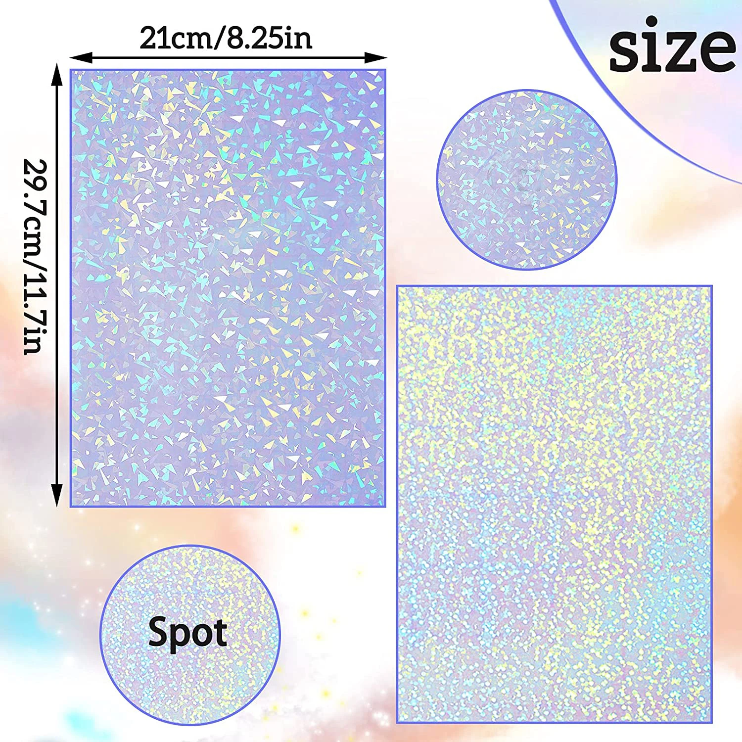 10pcs A4 Holographic Cold Lamination Film Sheets Self Adhesive Holo Sticker Sheet Heart Stars Broken Glass Gem Snowflake Glitter