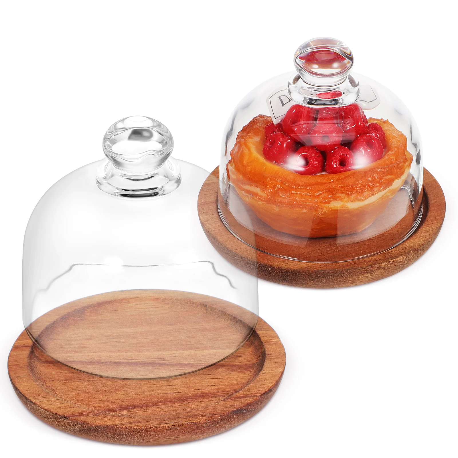 

2 Pcs Acacia Wood Cake Pan Display Dome Food Foretaste Plate Glass Butter Dish Stand