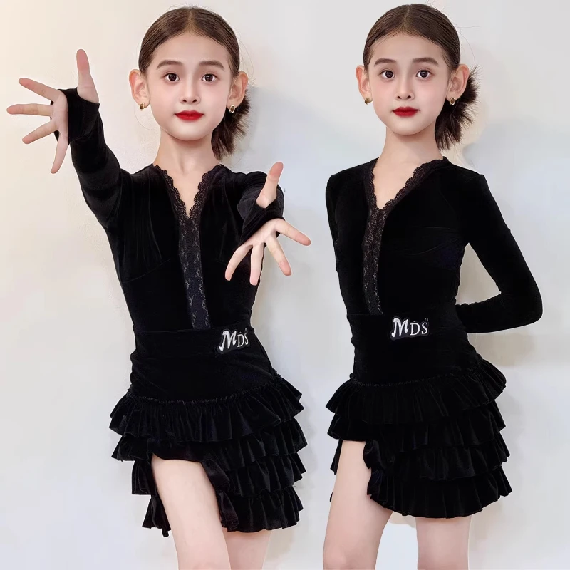 

Kids Professional Latin Dance Dress Girls Tango Salsa Samba Ballroom Dance Performance Stage Outfits Costume Black suit