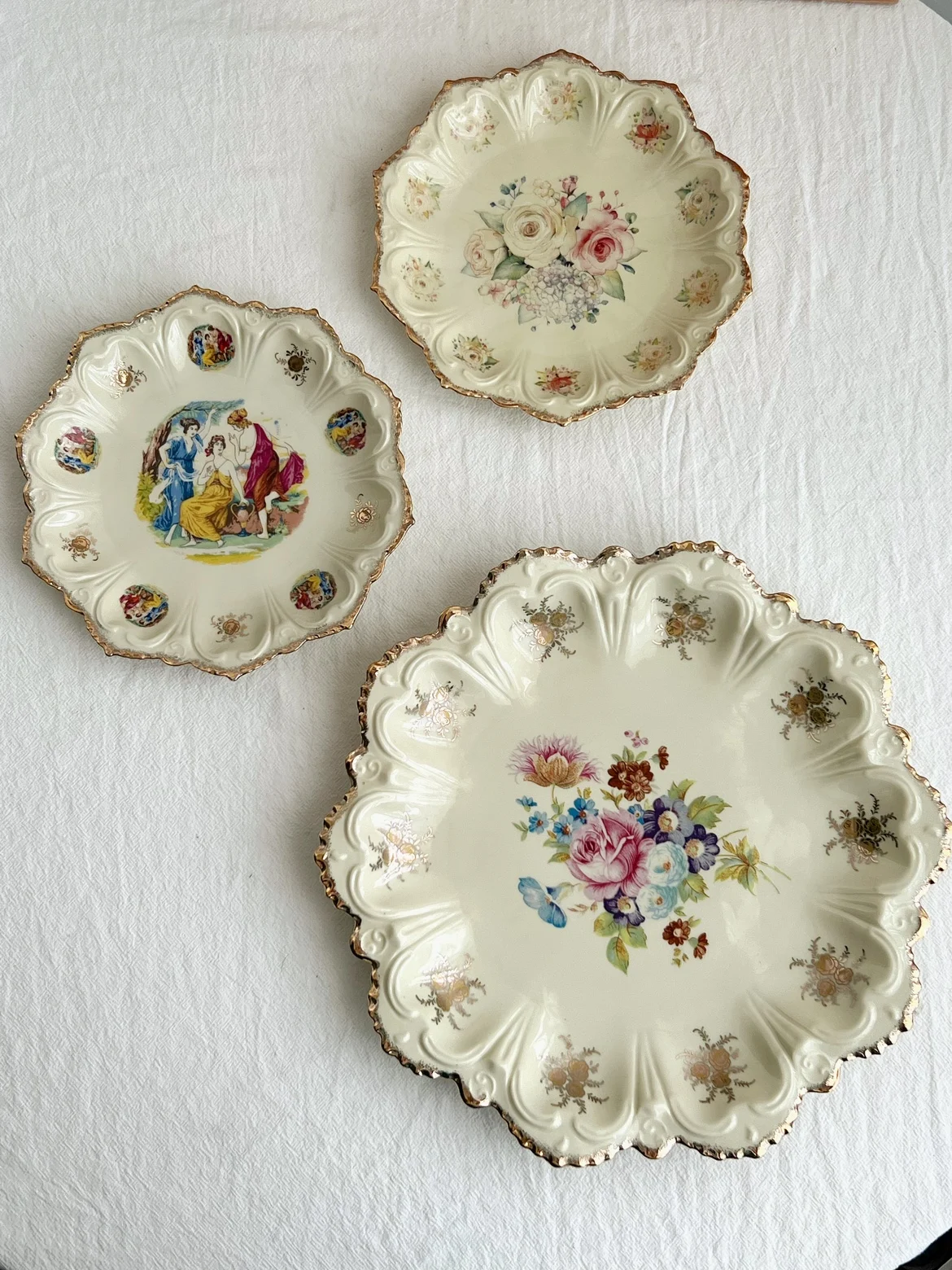 Vintage Rococo style relief multi angle floral character ceramic plate