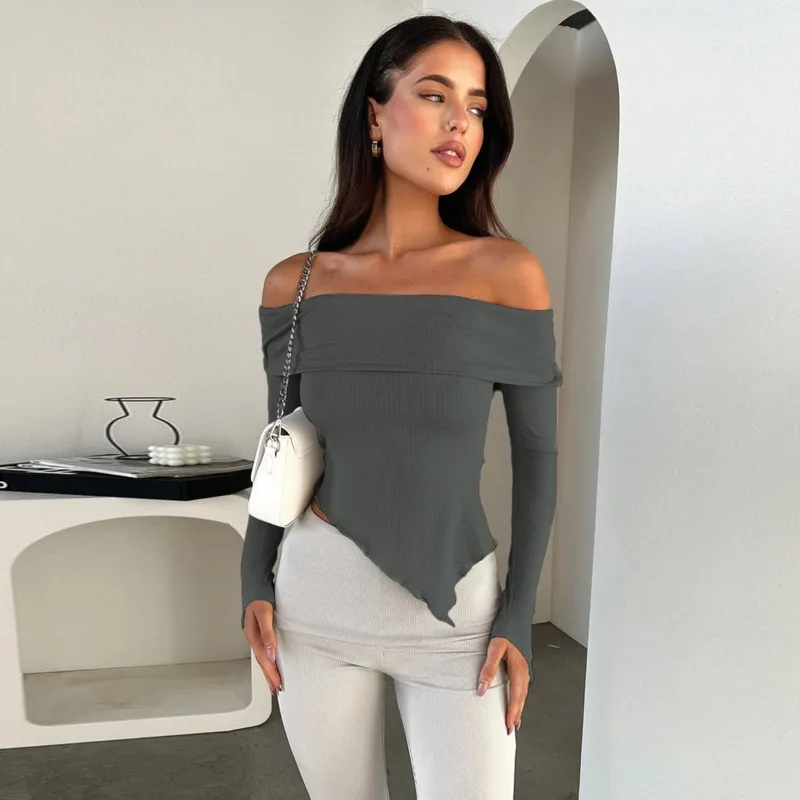 European and American Sexy One Neck Off Shoulder Long Sleeved Top 2024 Autumn Hot Selling Women's Casual Skinny T-shirt Base Top