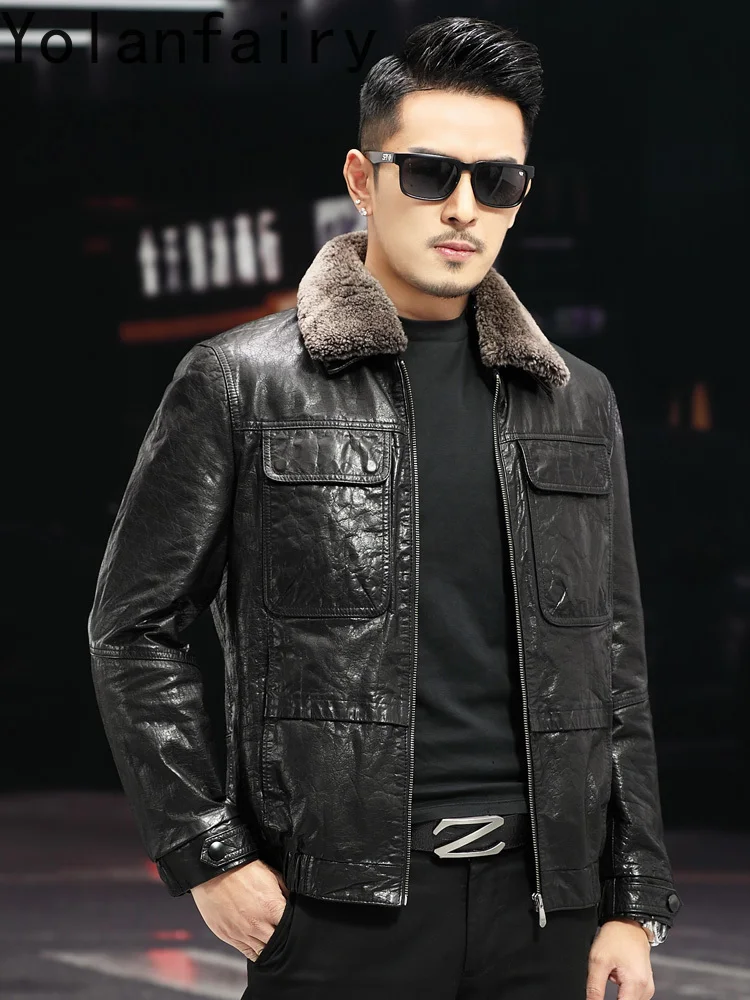 YOLANFAIRY Oil Wax Cowhide Genuine Leather Jacket Men 2025 Rabbit Fur Liner Coat Man Short 100% Real Cow Leather Jackets Abrigos