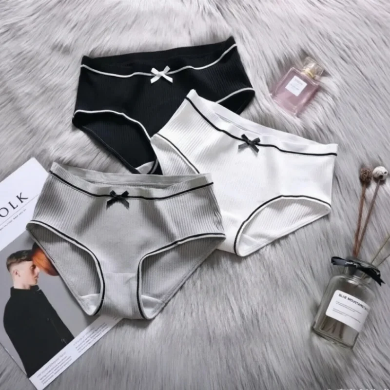 3pcs Summer Underwear Women Briefs Thread Comfortable Breathable Princess Bow Sexy Mid-waist Solid Color Women Briefs
