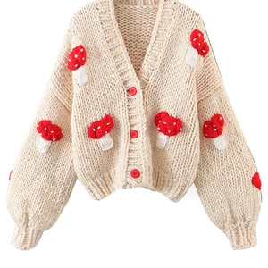 Häkeltrikothandwerk für Frauen, 3D -Pilz -Strickjacke, Retro Candy, V -Collar, Langarm, lila Strickpullover 12 Hauptverkäufe Croche Carige - №10