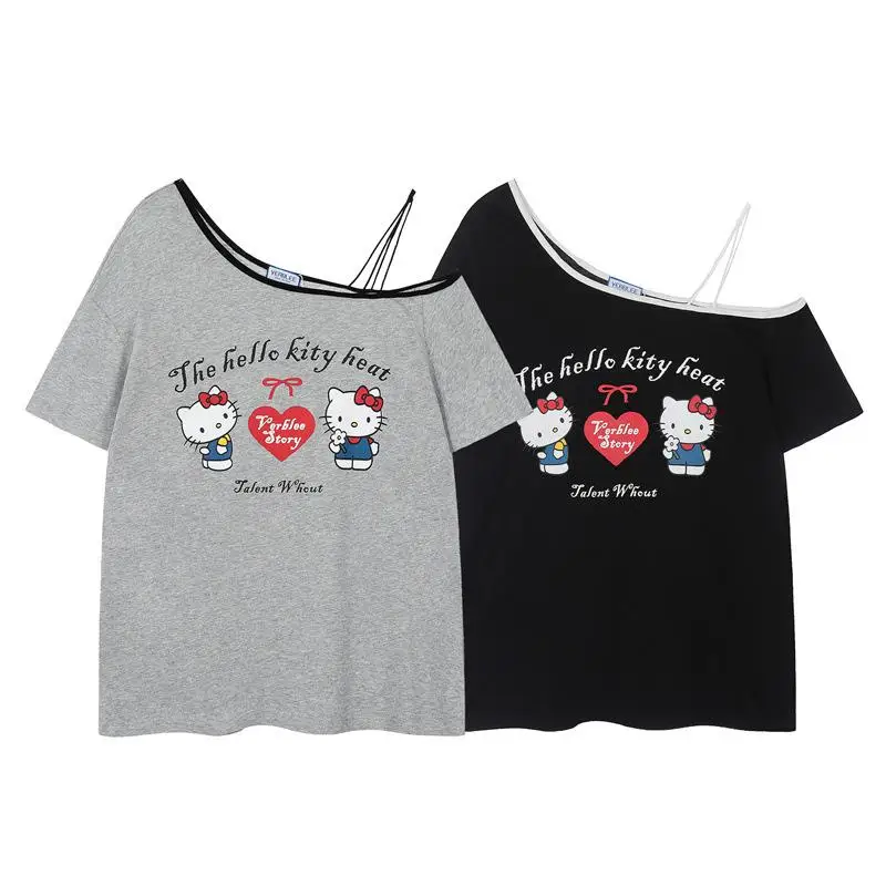 

Футболка Sanrio Hello Kitty, летние свободные и удобные универсальные топы с принтом для девочек, новый стиль, модная одежда с героями мультфильмов, комфортная одежда