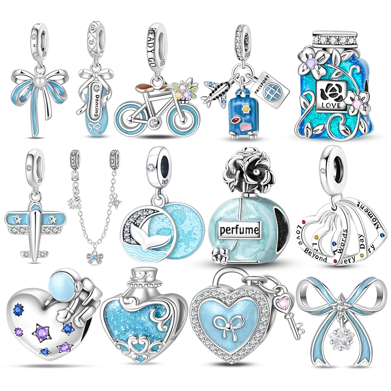Original Stering Silver 925 Blue Bow Perfume Heart Charm Dancing shoes Bead Fit Original 3mm Bracelet DIY For Women Fine Jewelry