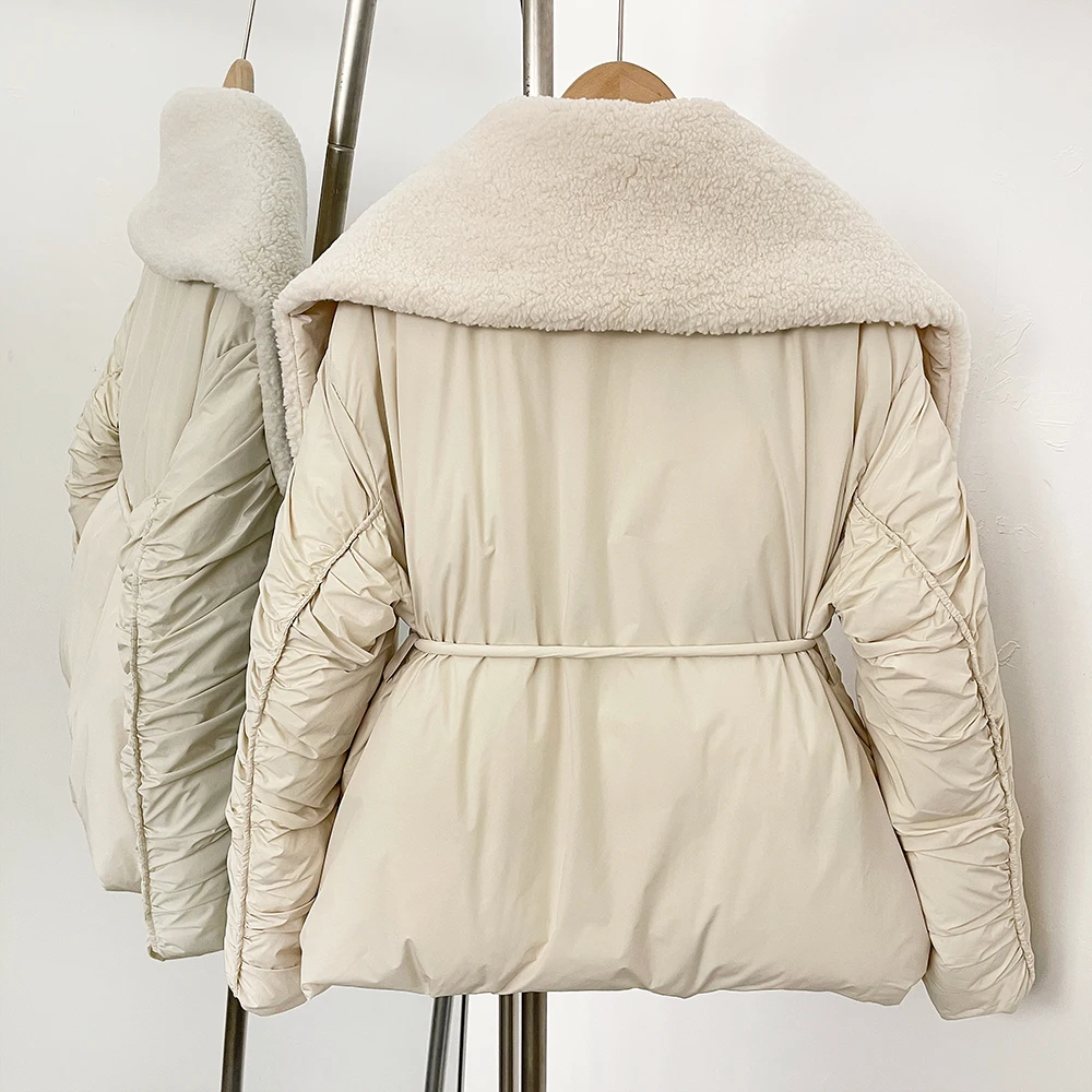 Abrigos de plumón de pato de manga larga para mujer, chaqueta informal con fajas de retazos de colores, chaquetas acolchadas de moda con solapa para mujer, novedad