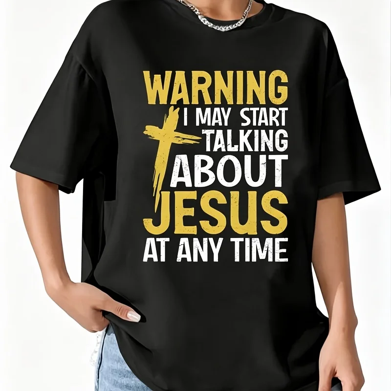 Warning I May Start Talking about Jesus at Any Time Women's 100% Cotton T-Shirt Fun Print Short Sleeve Top Casual Round Neck Tee S-5Xl