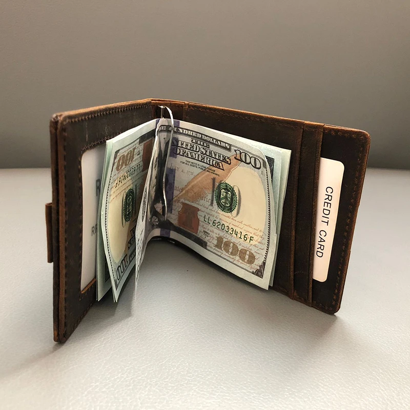 

Minimalist RFID Blocking Mens Card Holder Wallet Crazy Horse Genuine Leather Fashion Thin Bifold Money Clip Yellowstone Homemade