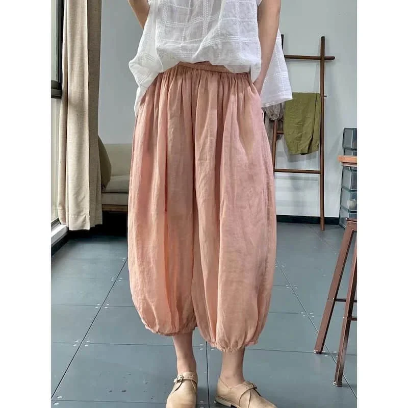 Calças de linho de algodão sólido solto casual vintage coreano moda harajuku calças lanterna cintura elástica roupas femininas