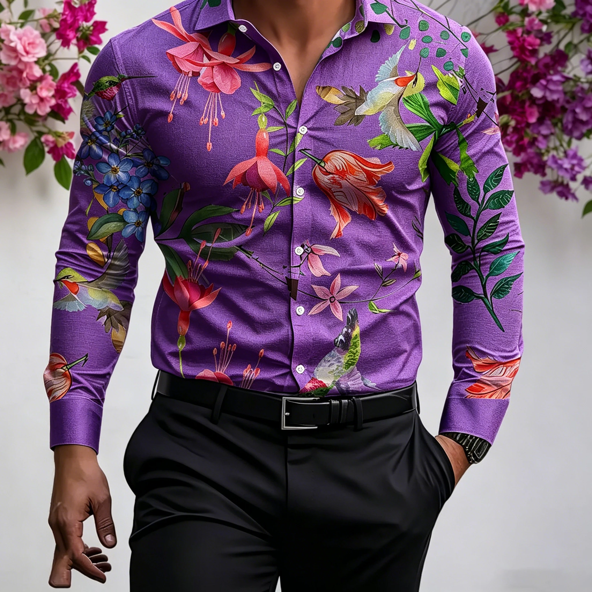 Men's White Watercolor Hummingbird Tropical Floral long-sleeved Shirt  spring/summer Green Leaf Indian Faux Collar Shirt