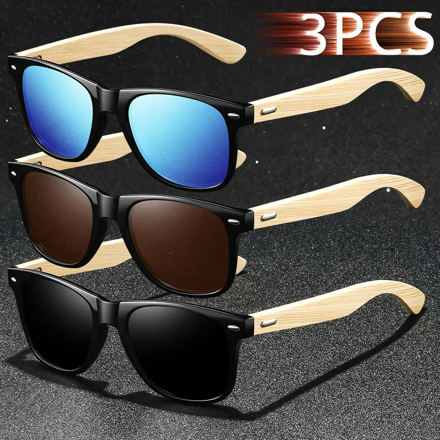 3-teiliges Set Modische Vintage Bambus-Holz Quadratische Sonnenbrillen für Männer und Frauen Luxus-Marken-Designer Sonnenbrillen zum Fahren und Angeln