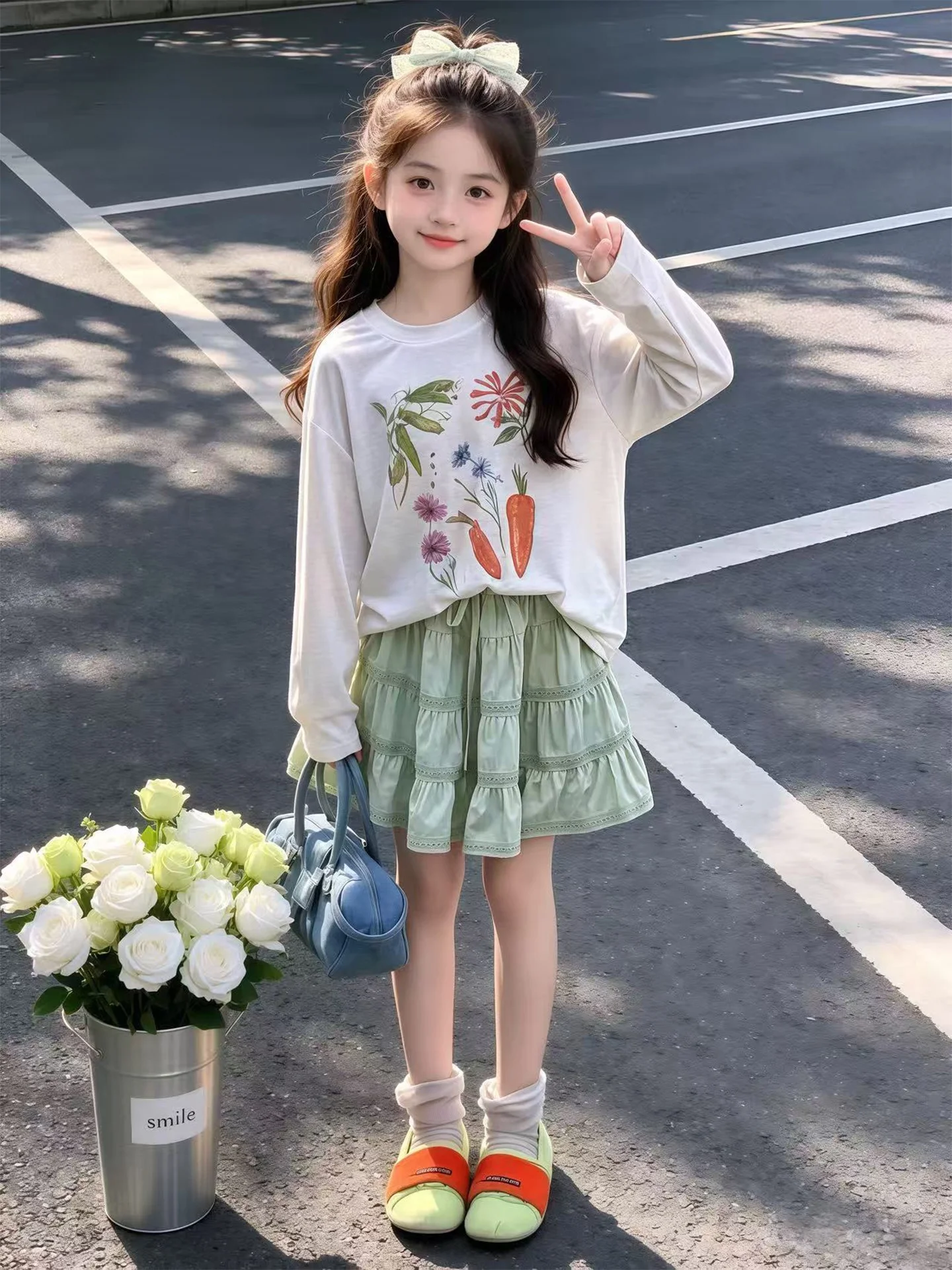 女の子の夏服長袖日焼け止めトップとスカートセットカジュアルスタイル子供服抗紫外線ファッショナブルなトレンディな服