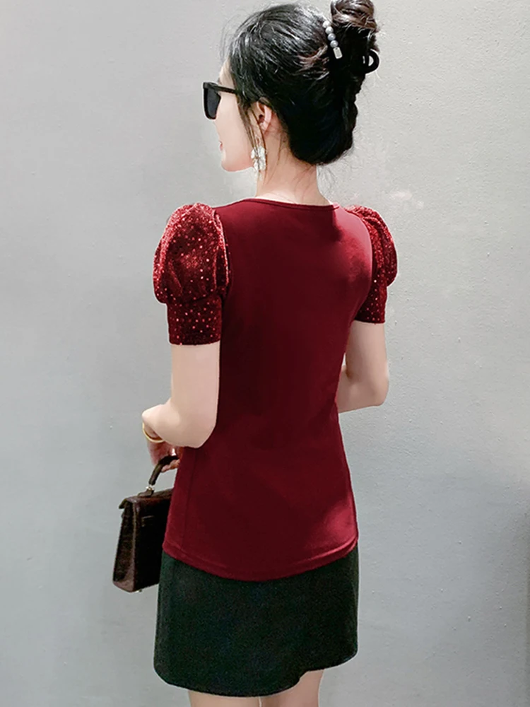 Estate nuovi vestiti europei T-shirt da donna Diamanti lucidi che bordano top Femme T-shirt in cotone con maniche corte a sbuffo