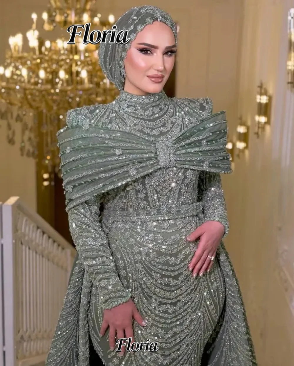 

Sage Green Muslim Evening Gown Heavy Handmade Customized Beaded Sequins Long Wedding Engagement Dinner Party Dresses Customized